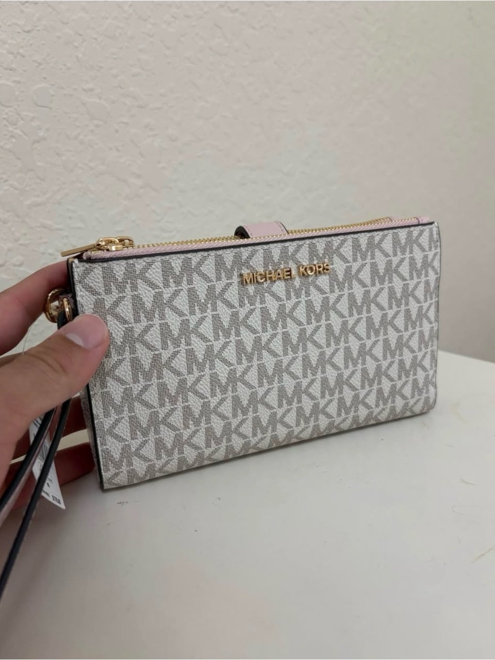 Michael Kors Cream and Pink Signature Wristlet Wallet
